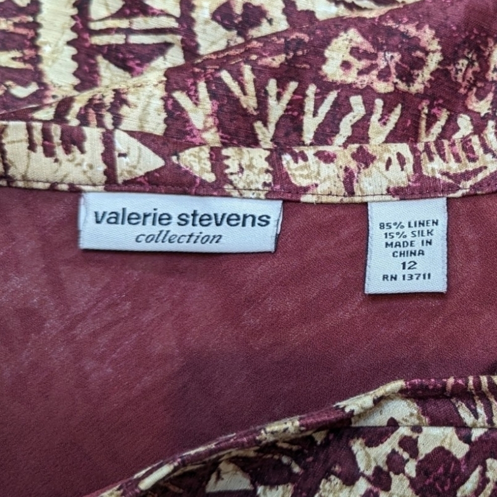VALERIE Stevens Plum & Cream Silk Linen Blend Batik Tribal Print Maxi Skirt (12) - Picture 3 of 5